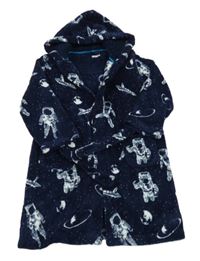 Tmavomodrý plyšový župan s kosmonauty a planetami a raketami a kapucňou Bluezoo