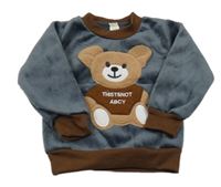 Tmavošedo/hnědá plyšová mikina s medvedíkom