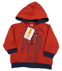 Nové - červeno-tmavomodrá propínací mikina s robotem a kapucí BABY Collection