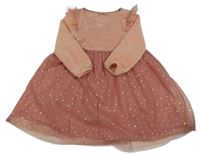 Pudrovo-starorůžové žinylkovo/tylové šaty s hvězdičkami a volánky POCOPIANO