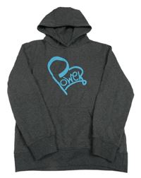 Tmavošedá melírovaná mikina se srdíčkem a nápisem a kapsou a kapucí bpc