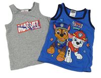 2x tílko - modré s Paw Patrol + šedé melírované se Spidermanem