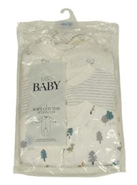 Nové - 3x overal - bílý s kachnami + bílo-šedý pruhovaný + bílý se stromky M&S