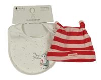 2set - Červeno-růžovo-bílá pruhovaná bavlněná čepice + bílý slinták s tučňákem