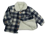 Tmavomodro-béžová kostkovaná manšestrová zateplená košilová bunda Tu