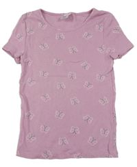 Růžové žebrované tričko s motýly Little Kids