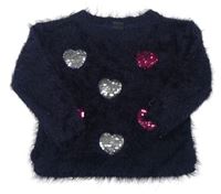 Tmavomodrý chlpatý sveter so srdíčky z flitrů Kiki&Koko