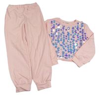 2 set - Světlerůžová crop mikina s flitry + tepláky Shein