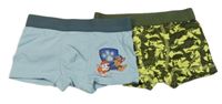 2x boxerky - modré s Tlapkovou patrolou + khaki-žluté vzorované 