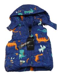 Nové - Tmavomodrá šusťáková zateplená vesta s dinosaury a kapucí