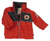 Nové - Červeno-sivá šušťáková zimná bunda s príšerkou a kapucňou