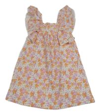 Bielo-ružovo-oranžové kvetované šaty s volánikmi Zara