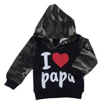 Černo-khaki mikina s nápisom a army rukávy a kapucňou