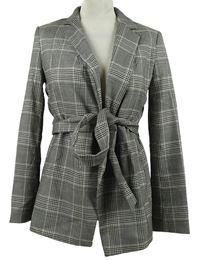 Dámský černo-bílý kostkovaný sakový cardigán s páskem H&M