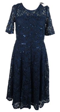 Nové - Dámské tmavomodré krajkové koktejlové šaty s flitry Bonmarché 