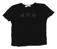 Čierne rebrované crop tričko s motýly H&M