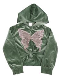 Khaki zamatová crop mikina s motýlom a kapucňou Shein