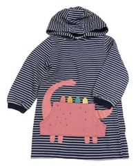 Tmavomodro-bílé pruhované teplákové šaty s dinosaurem/kapsou a flitry a kapucí F&F