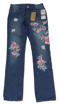 Nové - Tmavomodré rifle s květy Y.F.K.