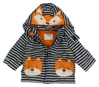 Tmavomodro-bielo-oranžová pruhovaná vodeodolná jarná bunda s liškami a kapucňou Jojo Maman Bébé