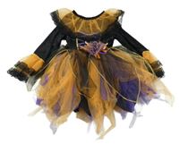 Nové - Kostým - Černo-oranžovo-fialové sametové šaty s tylovou sukní a límečkem - čarodějnice 