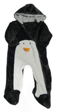 Tmavošedo-bílá chlupatá kombinéza s kapucí - tučňák Matalan