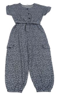 Lila-černý květovaný culottes overal s kapsami a páskem St. Bernard
