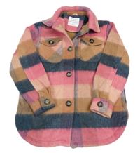 Ružovo-béžovo-tmavomodrá kockovaná flaušová košeľová bunda Primark