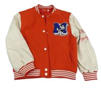Červeno-smotanová flaušovo/koženková baseballová jarná bunda s nášivkou H&M