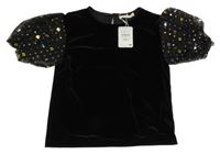 Nové - Černá sametová halena se síťovanými s balonovými síťovanými rukávy Sfere