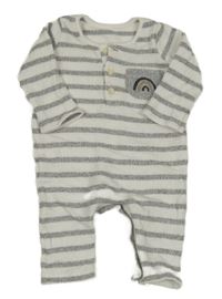 Bielo-sivý pruhovaný rebrovaný úpletový overal s vreckom George