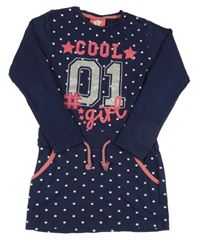 Tmavomodré bavlněné šaty s nápisem a puntíky 