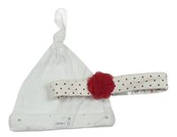 2Set - Biela čapica s hvězdičkami + bílo/červená bodkovaná á čelenka s kvietkom Peacocks