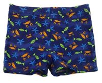 Tmavomodré vzorované nohavičkové plavky s rybičkami a krabmi F&F