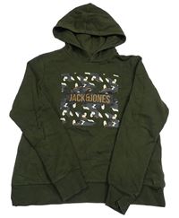 Tmavokhaki mikina s logom a kapucňou JACK&JONES