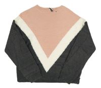 Pudrovo-bílo-tmavošedý oversize svetr PRIMARK