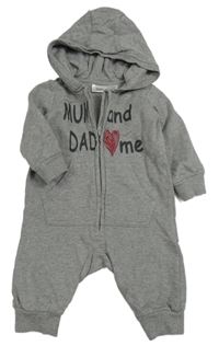 Sivá melírovaná tepláková kombinéza s nápismi a srdiečkom a kapucňou bpc