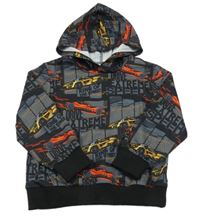 Tmavošedo-čierna mikina s autami a vreckom a kapucňou