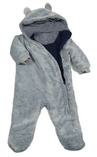 Tmavomodro-biela plyšová podšitá kombinéza s kapucňou s uškami F&F