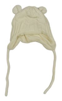 Smetanová vzorovaná žebrovaná pletená zavazovací čepice s oušky