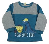 Petrolejovo-sivá melírovaná tepláková mikina s dinosaurom X-MAIL