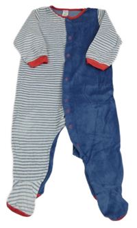 Tmavomodro-bílo-modrošedo-červený pruhovaný sametový overal C&A