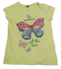 Žluté tričko s motýlky a nápisy dopodopo