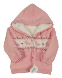 Nové - růžovo-bílý úpletový propínací zateplený svetr s králíčky a srdíčky a kapucí little nutmeg