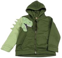 Khaki-zelená propínací mikina s dinosaurem a kapucí