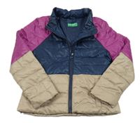 Tmavomodro-hnědo-fuchsivoá prošívaná šusťáková zateplená bunda Benetton