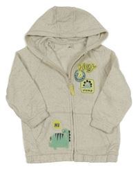 Světlebéžová melírovaná propínací mikina s dinosaury a kapucí George