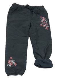 Antracitové šusťákové zateplené kalhoty s výšivkami květů Topolino