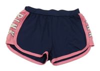 Tmavomodro-ružové športové kraťasy s nápisom