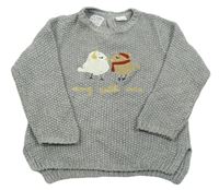 Sivý pletený sveter s vtáčky